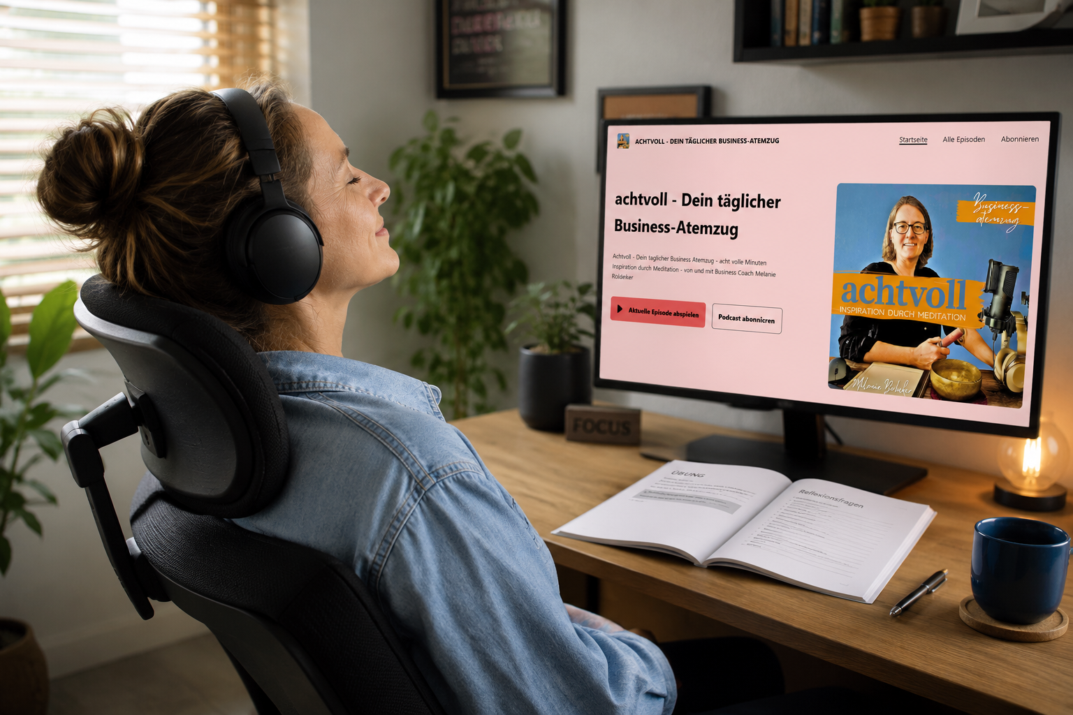 Entspannt mit Kopfhörern den achtvoll-Podcast hören, das Workbook aufgeschlagen auf dem Schreibtisch