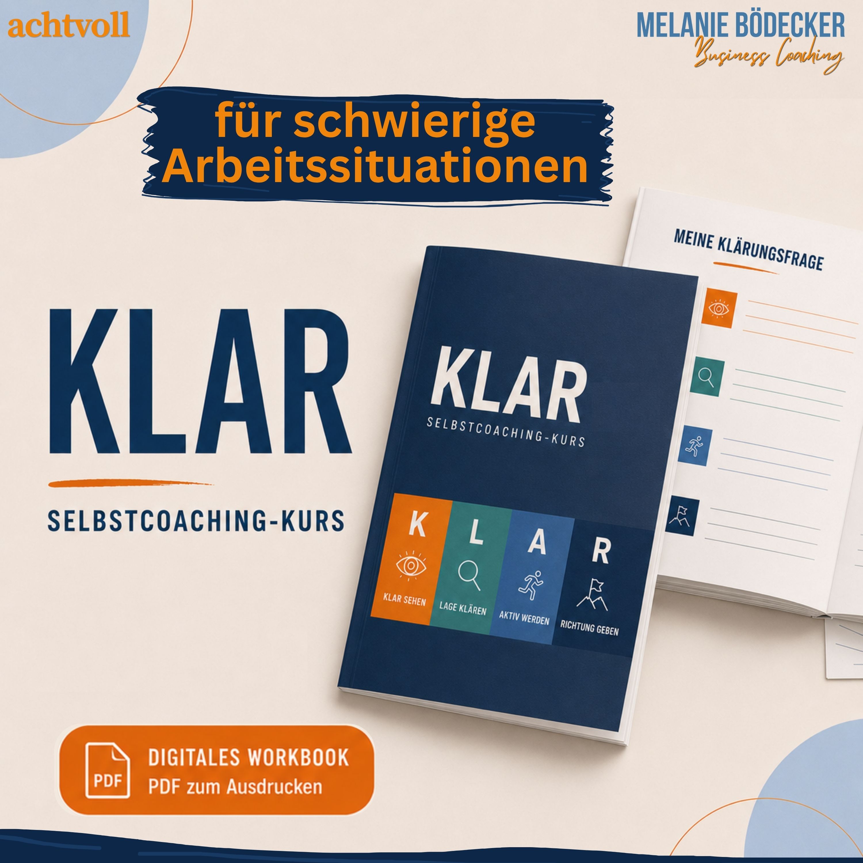 KLAR – Selbstcoaching-Kurs für schwierige Arbeitssituationen, digitales Workbook mit den vier Schritten Klar sehen, Lage klären, Aktiv werden, Richtung geben