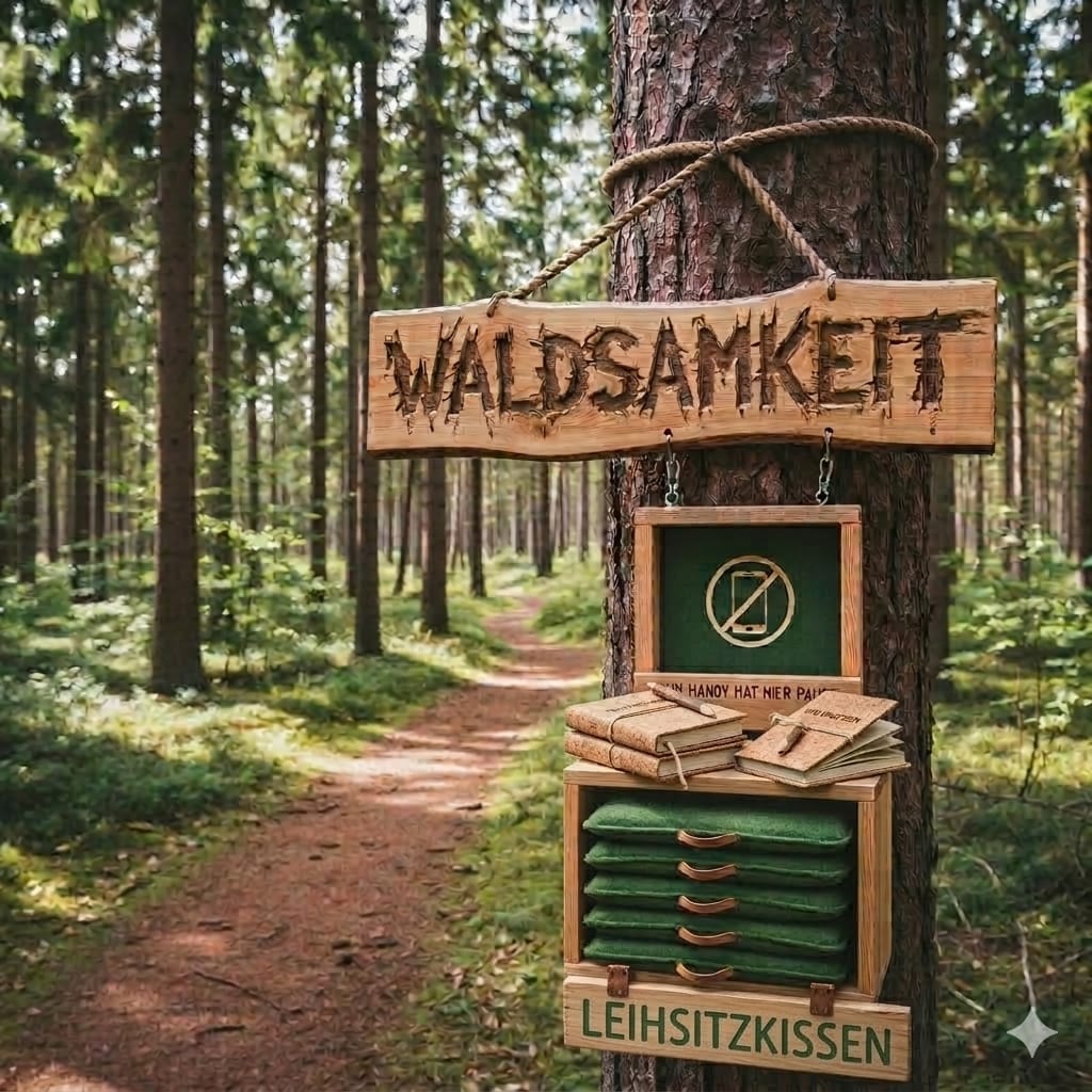 Waldsamkeit – Holzschild im Wald, Seminarort